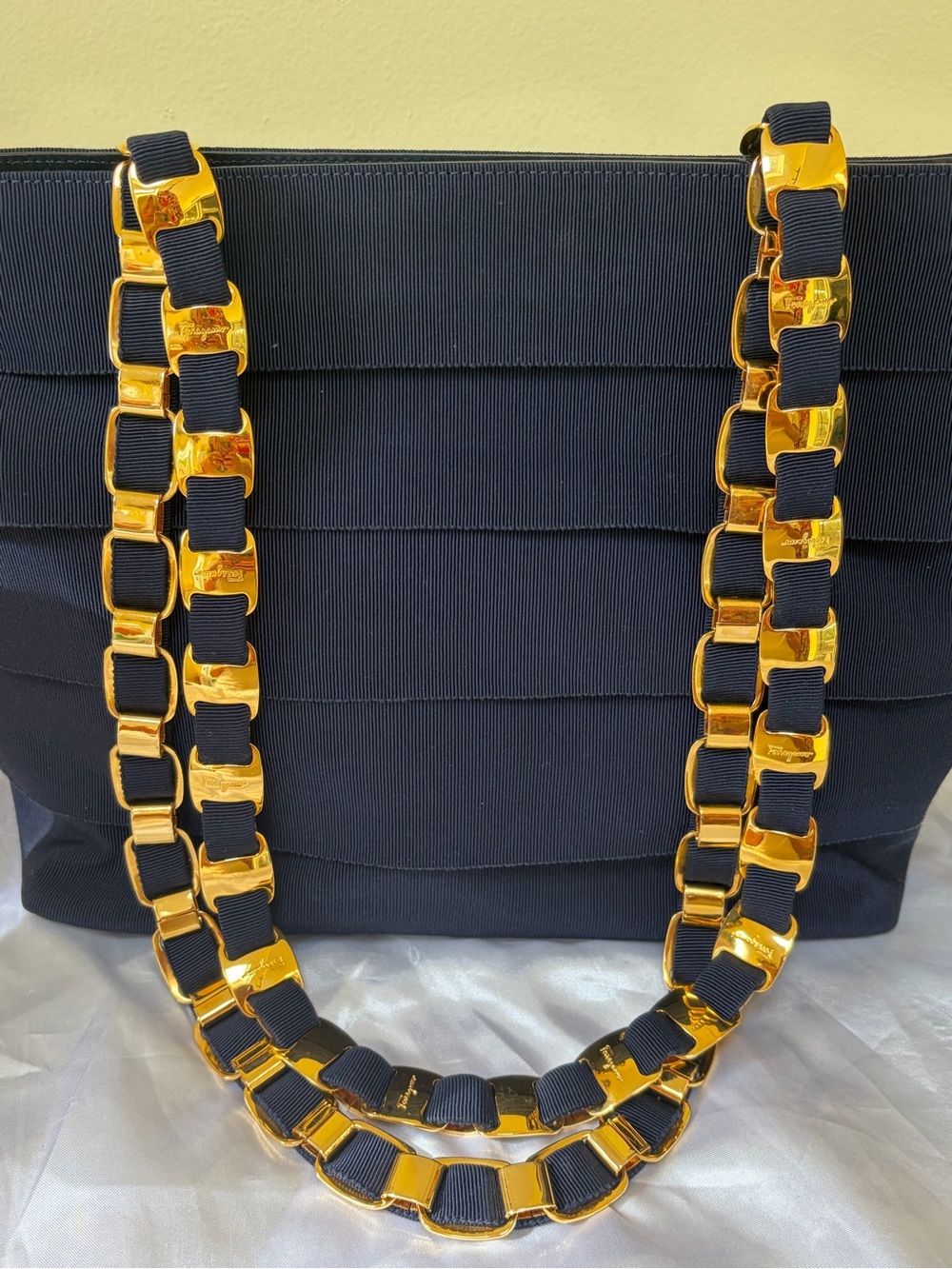 Salvatore Ferragamo Navy Canvas & Leather Shoulder Bag